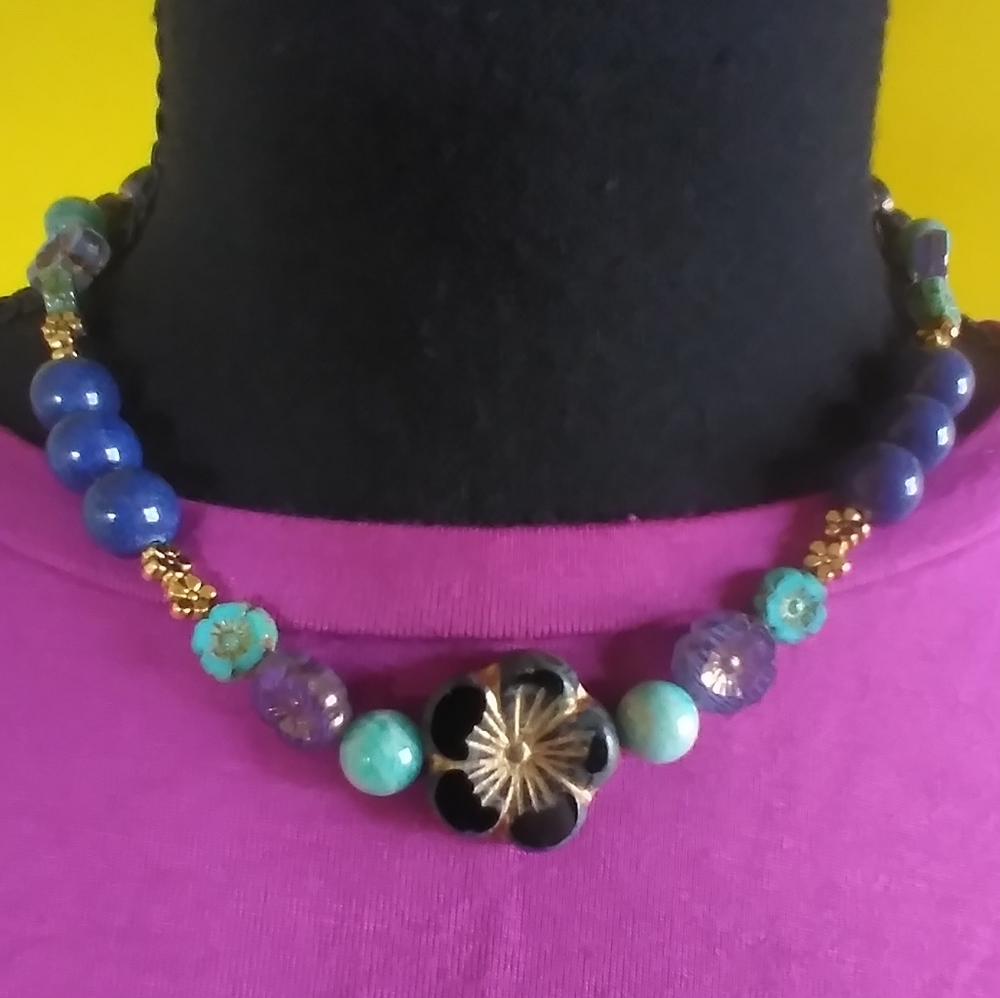 Handmade💎🎁NEW 💥 17" Amazonite, Lapis & Blue Czech Glass🌺Flower Necklace